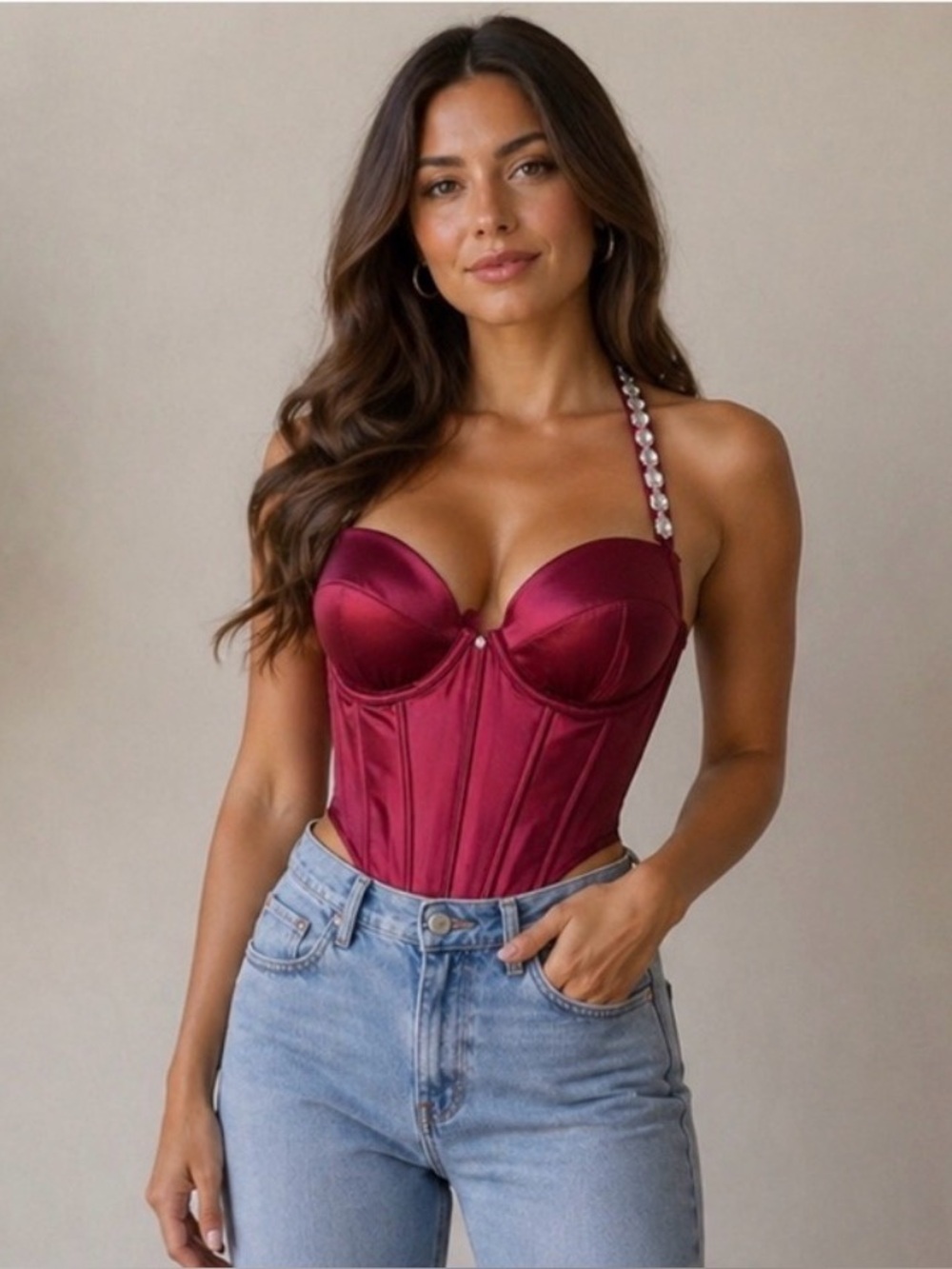 PINK Victoria's Secret Burgundy Satin Corset with Rhinestone Straps